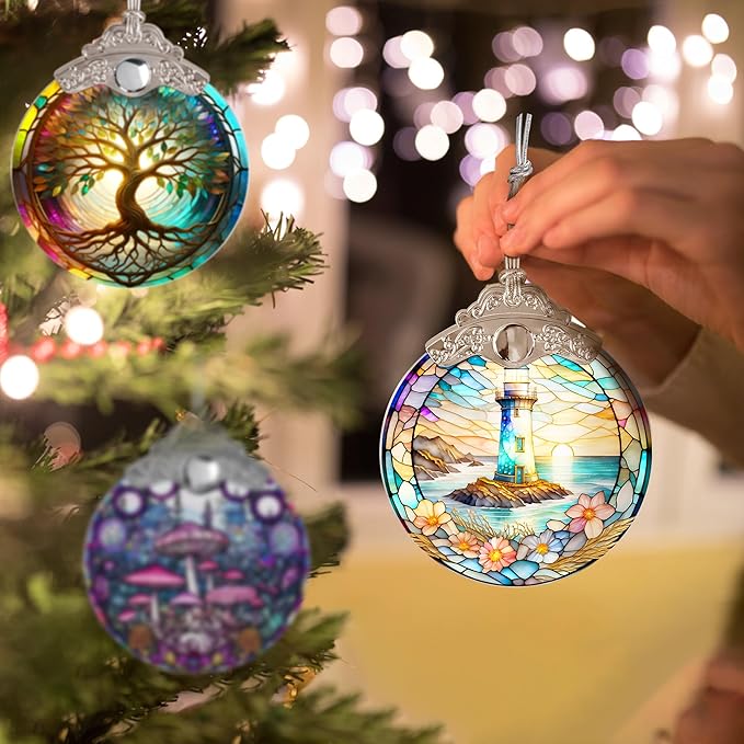 Stained Glass Suncatcher, Jocidea Lighthouse Ornament, Christmas Ornaments, Holidays Ornaments, Christmas Tree Decor, Lighthouse Decor for Home, Lighthouse Gifts-VerdiqueGarden