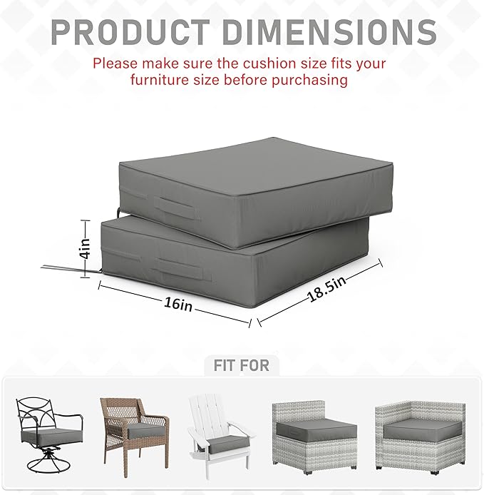 Patio Chair Cushions 18.5 X 16 X 4 Inch Waterproof Outdoor Seat Cushions for Patio Furniture, Outdoor Sofa Couch Pads with Ties & Handle, Set of 2, Light Grey-VerdiqueGarden