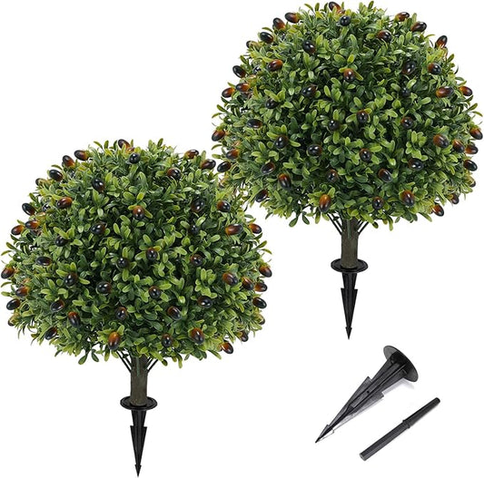 Artificial olive Topiary Ball Tree 24" with Ground Spike, Set of 2 Artificial Boxwood Bushes for Faux Shrubs, Fake Evergreen Faux Plant for Indoor Outdoor Porch Garden -UV Resistant–Fade-Proof-VerdiqueGarden