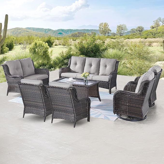 Outdoor Wicker Furniture Patio Set - 7 Piece Backyard Furniture Brown Rattan Conversation Sets with Swivel Rocker Chairs, Rattan Sofa, Club Chairs and Coffee Table, Grey Cushion-VerdiqueGarden