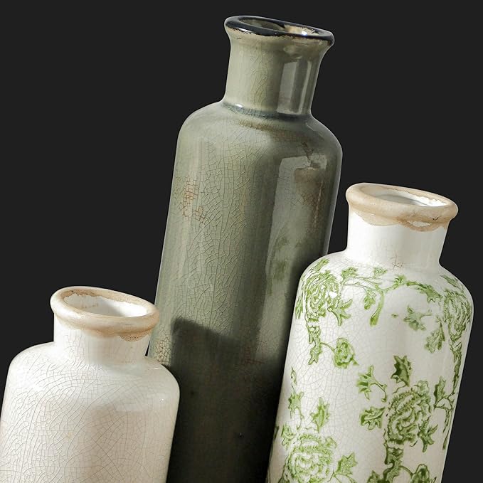 Vintage Vase Set of 3, Ceramic Vintage Flower Vases, Chinoiserie Decorative Home Decor Retro Floral Vase Rustic Farmhouse Decor for Table Bookshelf Mantel Kitchen Living Room Office - Green and Beige-VerdiqueGarden