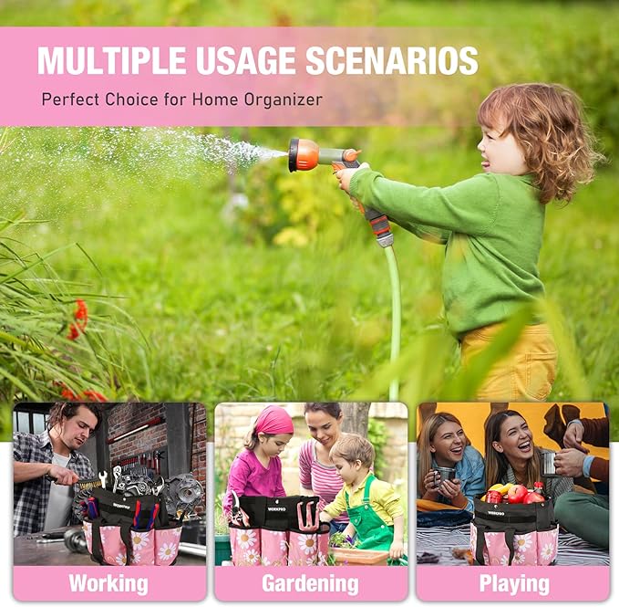 WORKPRO Garden Tool Bag, 9 Pockets Gardening Bag, Heavy Duty Oxford Garden Tote Caddy (Tools NOT Included), 12" x 12" x 6"-Pink Ribbon-VerdiqueGarden