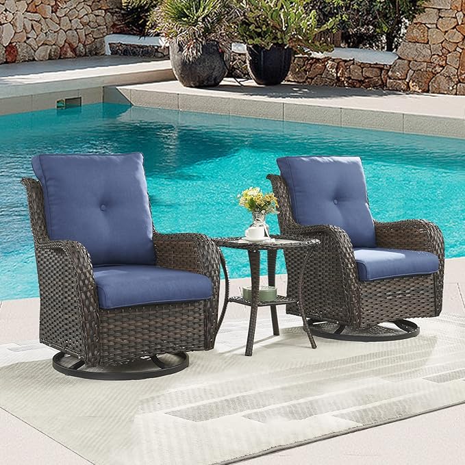 Outdoor Patio Swivel Rocker Chairs - 3 Piece Patio Bistro Set,Wicker Patio Furniture Set with 2 Swivel Rocking Chairs and 1 Glass Top Side Table for Deck Porch Garden,Brown/Blue-VerdiqueGarden