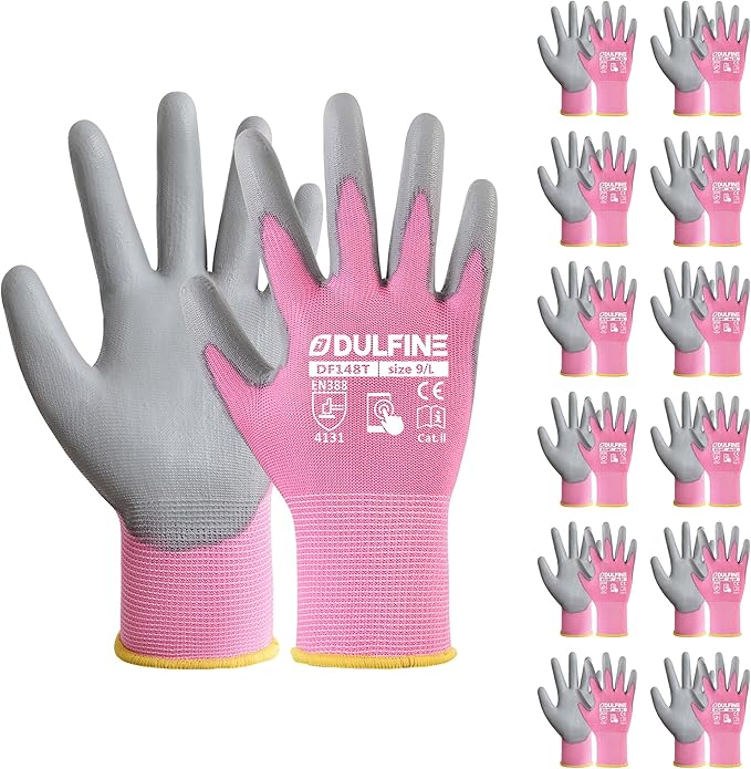 DULFINE Work Gloves for Men PU Coated 12 Pairs Bulk Pack,Pink Seamless Knit Glove with thin Polyurethane,Two Finger Touchscreen, for Men and Women, Ideal for Light Duty Work. (Small)-VerdiqueGarden