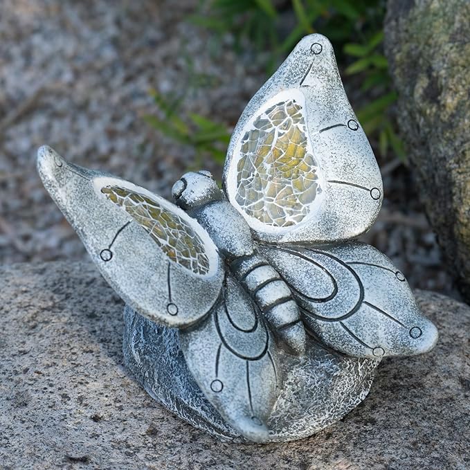 Garden Statue Butterfly,Solar Butterfly Decor for Outdoor,Resin Butterflies Figurine with Solar Light for Patio,Balcony,Yard,Lawn Ornament,Perfect Garden Gift-VerdiqueGarden