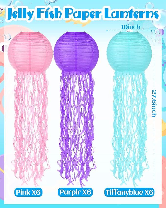 18 Pcs Jellyfish Paper Lanterns Mermaid Birthday Decorations Hanging Lantern Lamps for Ocean Theme Decor Under The Sea Party Supplies-VerdiqueGarden