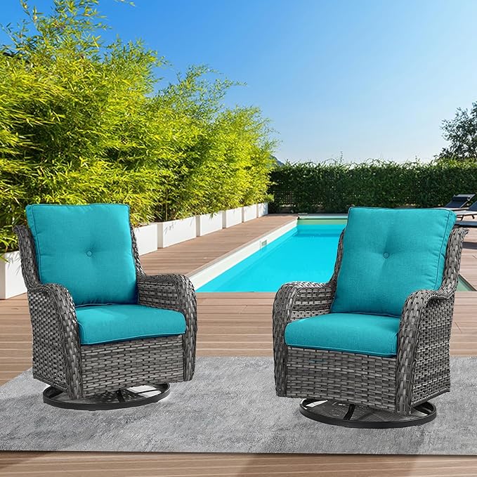 Outdoor Swivel Rcoker Wicker Chairs - Swivel Patio Chairs Set of 2 Patio Furniture Sets with Covered Cushion for Porch Deck Balcony Backyard, Turquoise Cushion-VerdiqueGarden