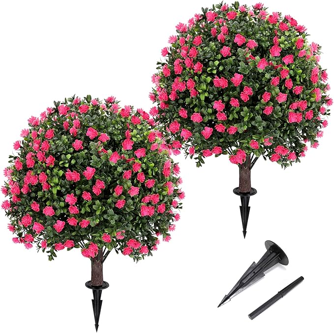 Artificial Pink camellia Topiary Ball Tree 25" with Ground Spike, Set of 2 Artificial Boxwood Bushes for Faux Shrubs, Fake Evergreen Faux Plant for Indoor Outdoor Garden -UV Resistant–Fade-Proof-VerdiqueGarden