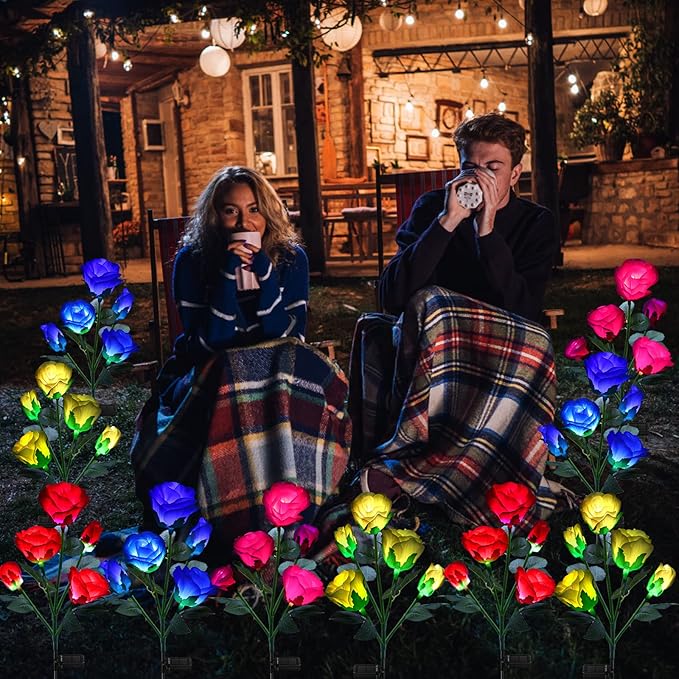 ANGMLN 2 Pack Solar Garden Lights, Solar Flower Lights Outdoor Waterproof with 10 Head Red Rose 7-Color Changing Landscape Light for Pathway Garden Patio Yard Valentine's Day Christmas Decoration-VerdiqueGarden