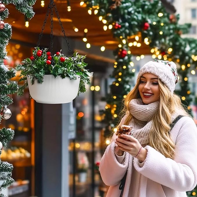 T4U Hanging Planter Self Watering 8 Inch, 2 Pack White Indoor Outdoor Hanging Plant pots, Hanging Flower Pot with Drainage Hole & Plug & Chain with 3 Hooks for Garden Home Decor-VerdiqueGarden