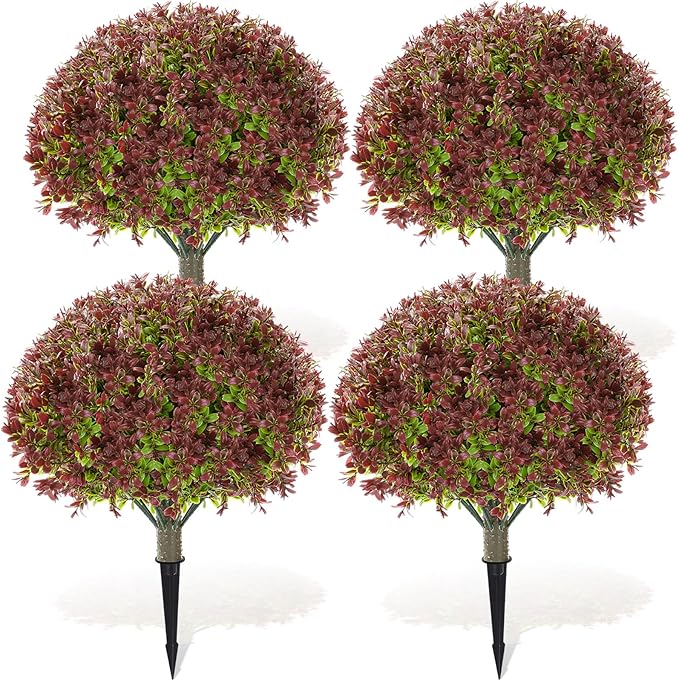 Yunlly 4 Pack 18" Artificial Boxwood Ball Bush Topiary Trees Fake Outdoor Plants, Realistic UV Resistance Faux Shrubs with Spike Greenery Topiary for Front Porch Garden Yard Patio Indoor (Dark Red)-VerdiqueGarden
