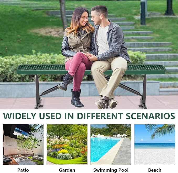 72" L Outdoor Steel Flat Bench, Heavy Duty Metal Park Bench for Outside, Expanded Metal, Commercial Benches Mesh Bench for Shopping Mall, Store, Lawn, Park, Patio, Deck, Garden (Green, 6FT)-VerdiqueGarden