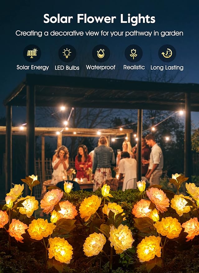 Outdoor Solar Flower Lights - 3 Pack Solar Garden Lights with Larger & More Realistic Peony, Bigger Solar Panel, Waterproof LED Solar Lights Outdoor for Yard Garden Lawn Pathway Decoration-VerdiqueGarden