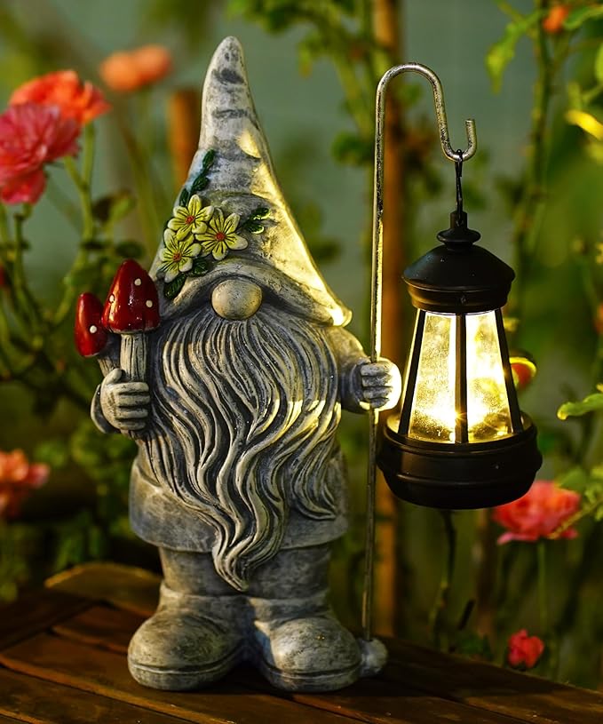 Solar Gnome Statue for Outdoor Decor: Outside Garden Sculpture for Yard Lawn Balcony Patio Porch- Birthday Gifts for Mom Women Grandma-VerdiqueGarden