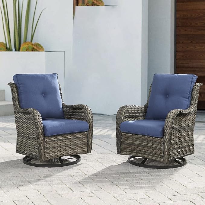 Outdoor Patio Swivel Rocker Chairs - Single Wicker Rattan Patio Swivel Rocking Chair with High Back,Deep Seating and Comfort Cushions for Deck Porch Garden,Mixed Grey/Blue-VerdiqueGarden