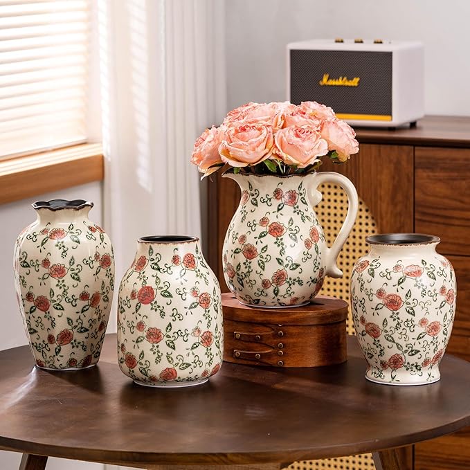 Green&Beige Vintage Octagonal Vase, Red Rose Chinoiserie Floral Vase, Farmhouse Antique Decorative Ceramic Flower Vases for Bouquet, Home Decor, Living Room, Bookshelf, Office, Tuscan Decor 9.1 Inch-VerdiqueGarden