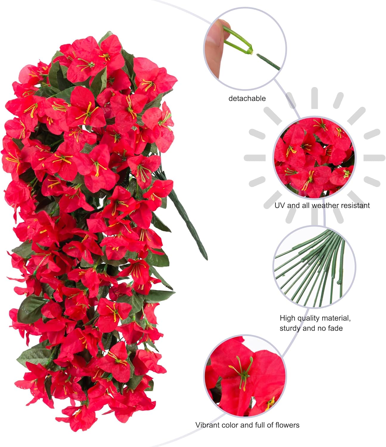 Bougainvillea Artificial Hanging Flowers Plants for Outdoors Decoration, 2pcs Fake Flowers Silk Bougainvillea Vines Realistic UV Resistant Faux Flowers for Outdoor Planters Porch Patio, Red-VerdiqueGarden