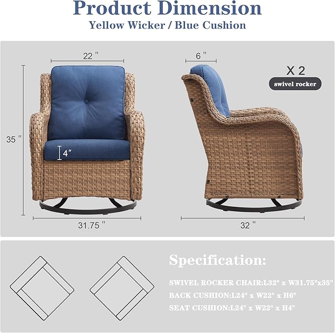 Outdoor Swivel Rocker Patio Chairs - 360 Degree Swivel Glider Seating 350LBS Weight Capacity Wicker Rocking Chairs Set of 2 with Removable Cushion for Porch Balcony Deck, Yellow/Blue-VerdiqueGarden