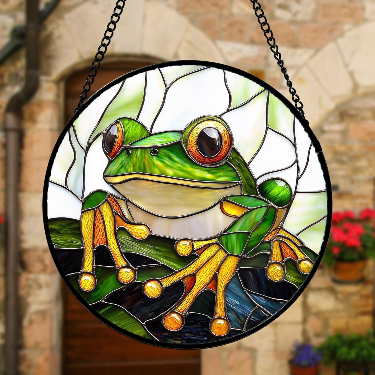 Stained Glass Window Hanging, Green Frog White Petals Sun Catchers Colorful Glass Panel Cute Suncatcher Decor for Birthday for Women, Men, Wife, Aunt, and Mom 7.8 in-VerdiqueGarden