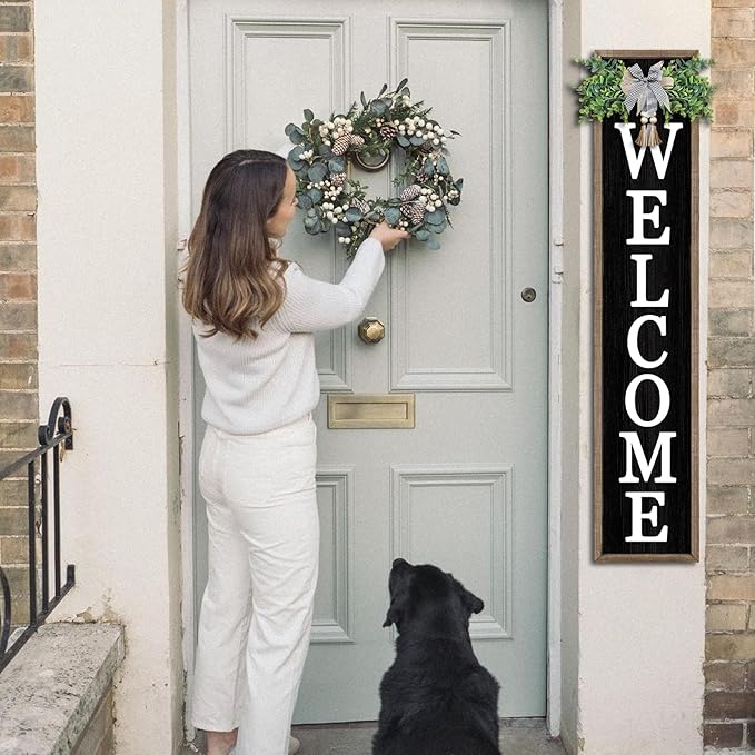 Surfapans Welcome Sign for Front porch Standing 45"X9"Large Wood Frame Outdoor Tall Welcome Signs Vertical Decor for Farmhouse Rustic Home Modern Outside Front Door Wall Decorations (Wood Black)-VerdiqueGarden