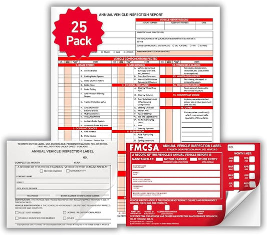 25 Pack 3-Ply Carbonless Annual Vehicle Inspection Report Forms with FMCSA Red Aluminum Labels & White Mylar Laminate Vinyl Labels, DOT Inspection Forms and Stickers, Shrink-Wrapped, 8.5" x 11.75"-VerdiqueGarden