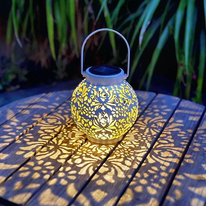 Set of 2 Outdoor Solar Hanging Lantern Lights Metal LED Decorative Lamp for Garden Patio Courtyard Lawn and Table with Hollowed-Out Design (White)-VerdiqueGarden