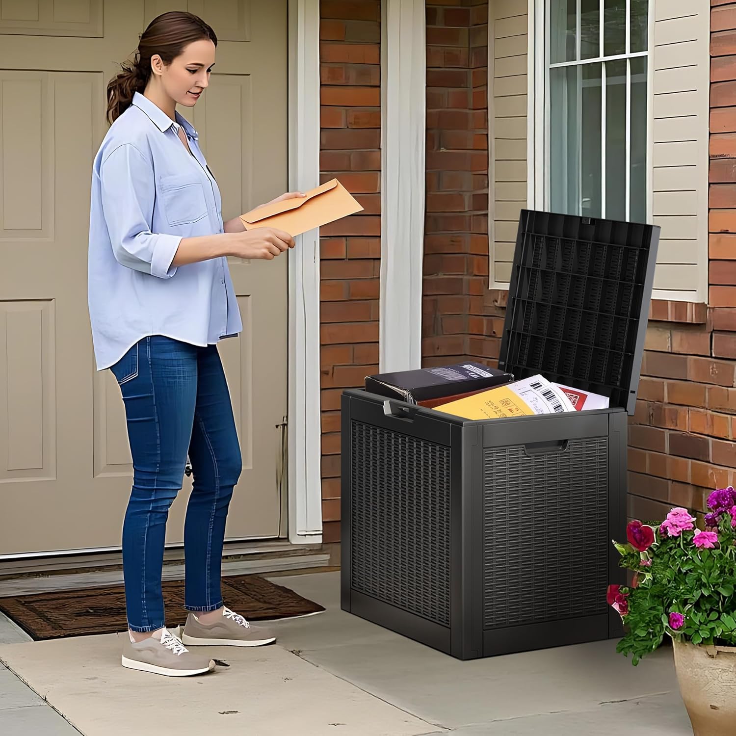 NUNU LAB Outdoor Storage Box, 33 Gallon Resin Deck Box Indoor and Outdoor Use, Waterproof Lockable Patio Storage Bin for Gardening Tools,Package Deliveries,Patio Cushions,UV Resistant,Black-VerdiqueGarden