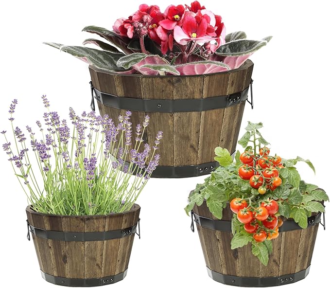 IDZO Set of 3 Wooden Flower Planters for Outdoor Plants, Acacia Wood Barrel Planters, Ergonomic Handles, Drainage Holes, Various Sizes, Walnut-VerdiqueGarden