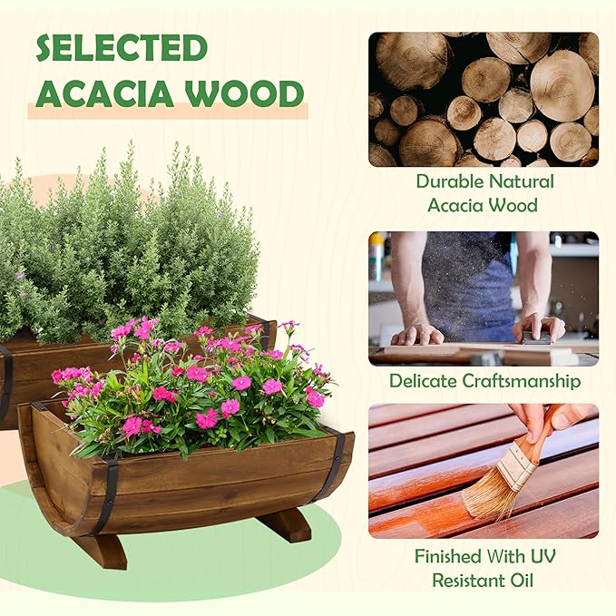 IDZO Solid Acacia Wood Half Barrel Planters Outdoor Set of 2 Different Sizes, Wooden Planters for Outdoor Plants with Metal Bands & Drainage Holes, Legs Included, Brown-VerdiqueGarden