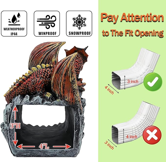 Dragon Statue Gutter Downspout Extender,Garden Outdoor Decor Sculpture,Gutter Diverter Rain, Splash Block,Eco-Friendly Resin, Decorative Gutter Extension Downspout, Ideal for 3"x4" Downspouts-VerdiqueGarden