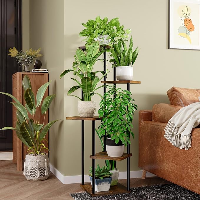 Bamworld Corner Plant Stand Indoor, 5 Tier Metal Plant Shelf for Multiple Plants, Tall Flower Stand for Patio Garden Balcony Living Room Bedroom(Brown)-VerdiqueGarden