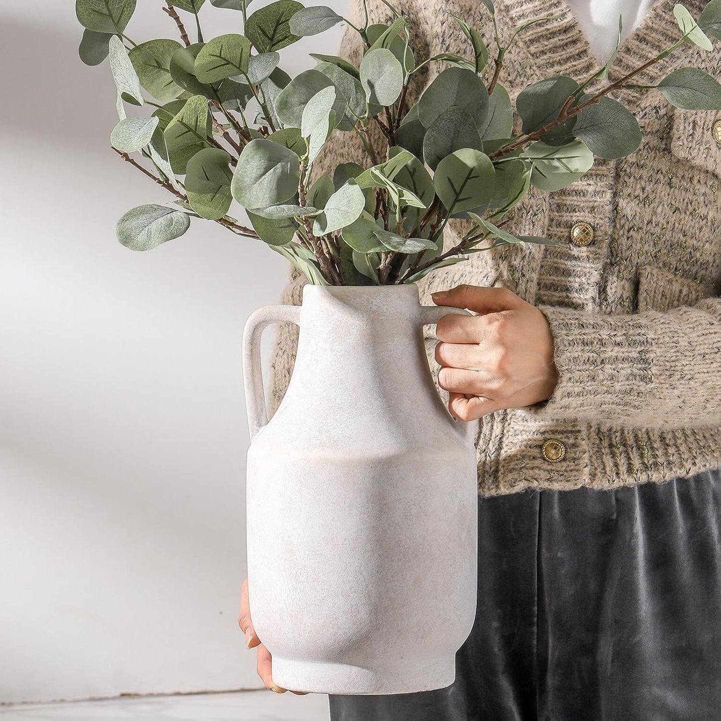 Mitt&Ditt Ceramic Flower Vase with Handles, 11 inch Tall Off-White Vase, Large Decorative Terracotta Vases, Farmhouse Rustic Pottery Vases for Home Decor, Living Room, Table-VerdiqueGarden
