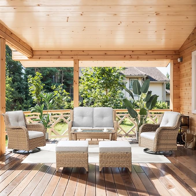 Wicker Outdoor Furniture Patio Furniture Set - 6 Piece Patio Conversation Set with Swivel Rocker Chairs, Loveseat Sofa, Ottomans and Coffee Table, Beige Cushion-VerdiqueGarden