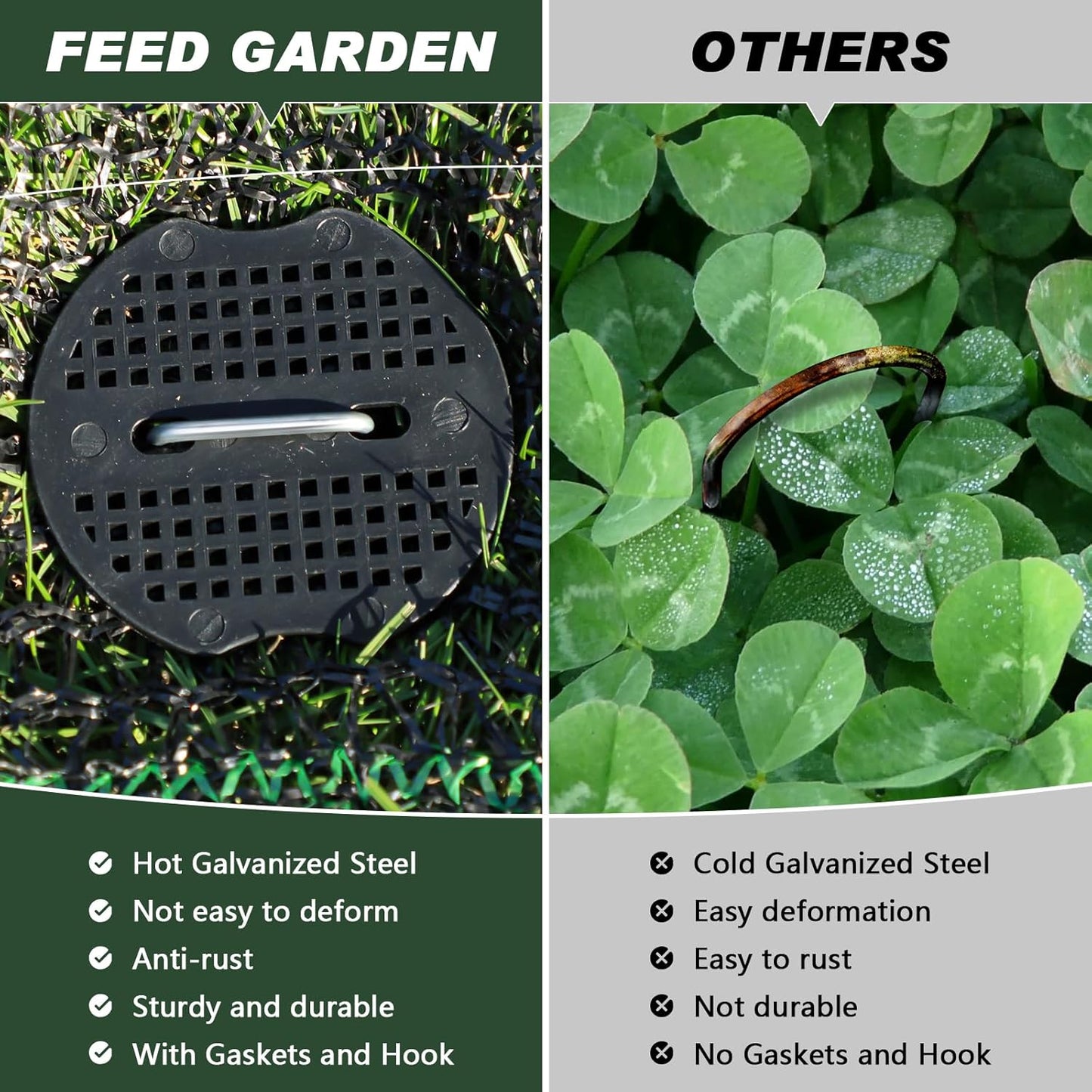 FEED GARDEN 6 Inch 50 Pcs Galvanized Landscape Staples 50 Pcs Gaskets Pick Hook Garden Stakes 11 Gauge Anti-Rust Landscaping Fabric SOD Pins U Shaped Yard Turf Stakes for Weed Barrier Fabric-VerdiqueGarden