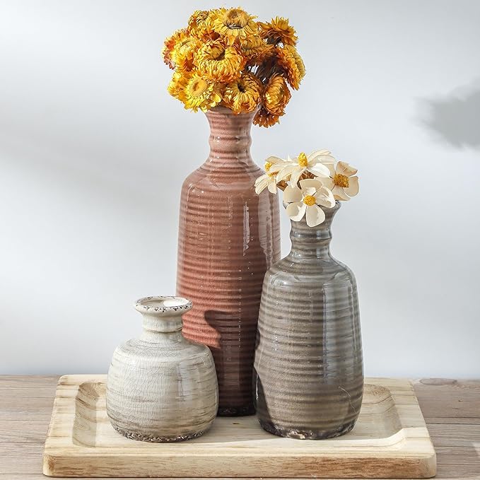Ceramic Vases Set of 3, Neutral Rustic Farmhouse Vases Home Decor Decorative Flower Vase Modern Boho Pampass Vase for Table Mantel Entryway Shelf Living Room Kitchen Bathroom - Brown-VerdiqueGarden