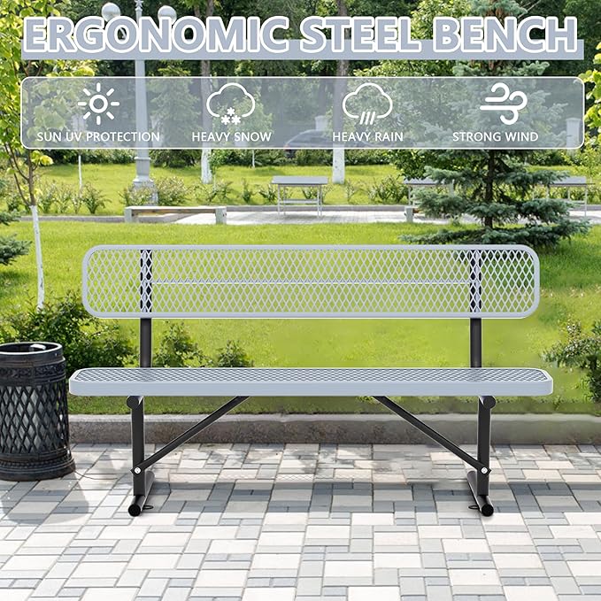 Heavy Duty Park Bench with Back Portable Frame, Outdoor Steel Bench with Backrest, Outdoor Park Bench Expanded Metal Mesh Bench for Lawn, Park, Deck, Garden, Patio, Porch, Black (Gray, 6FT)-VerdiqueGarden