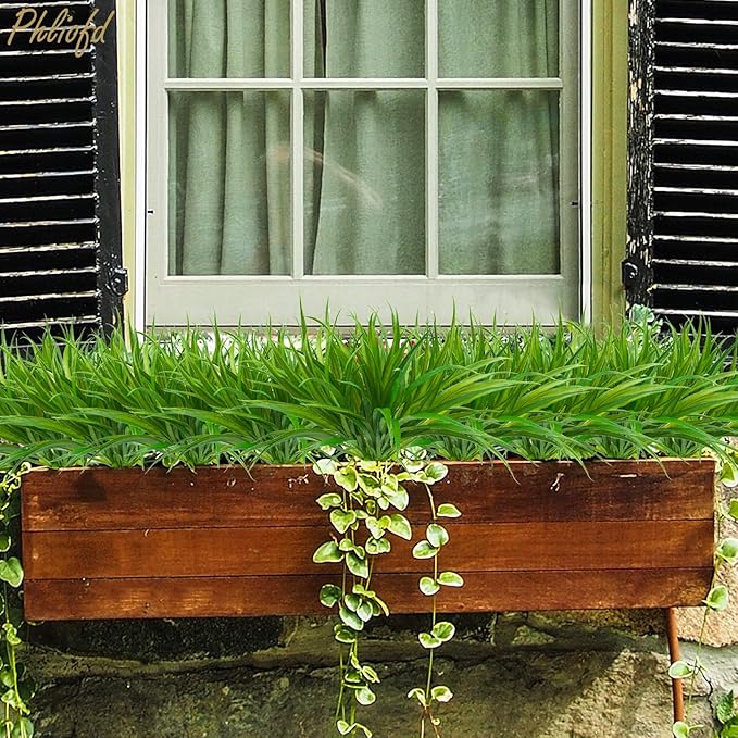 16Pcs Artificial Grass Fake Plants 17.3in 16 Leaves Outdoor Fake Grass UV Resistant Greenery Plastic Plants for Home Window Garden Patio Hanging Planter Pathway Front Porch Décor Green-VerdiqueGarden