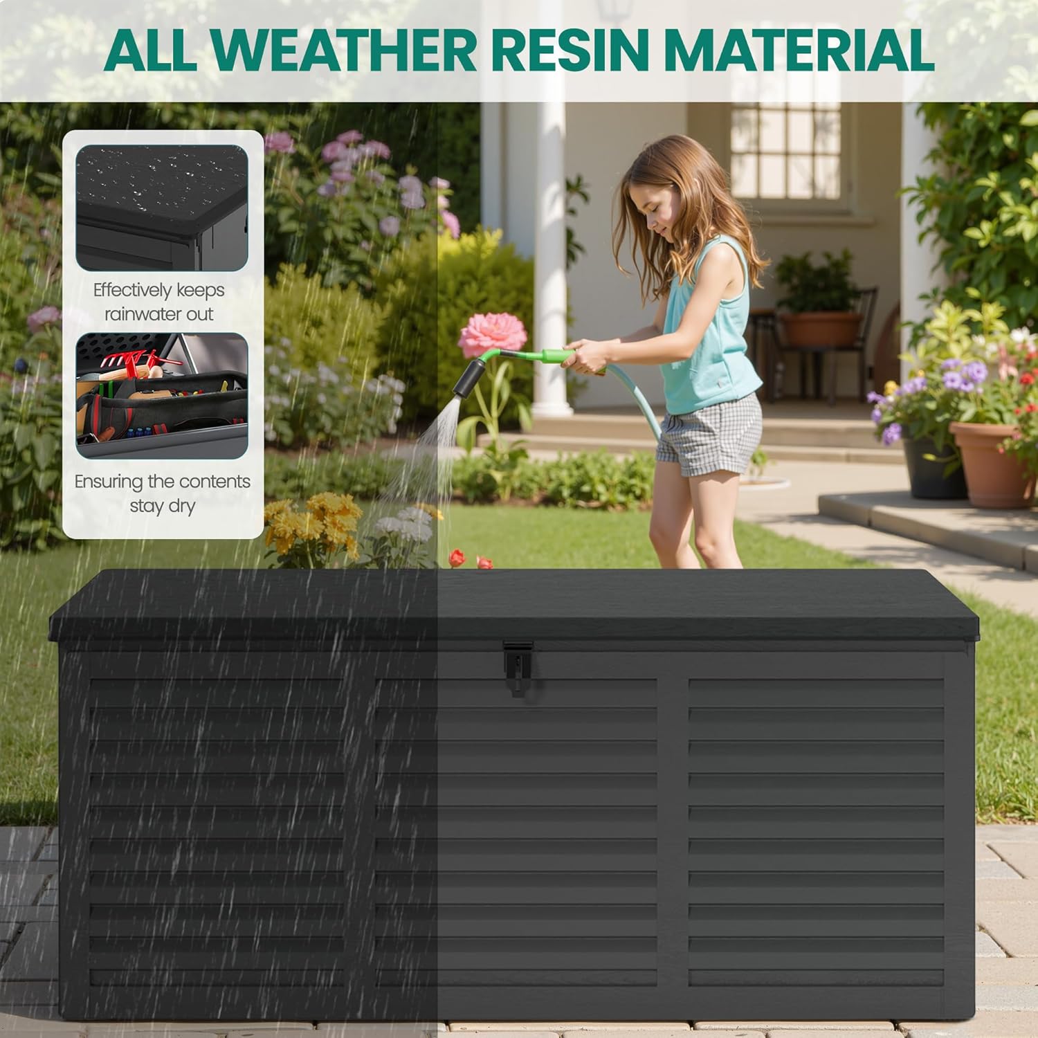 130 Gallon Outdoor Deck Box, Waterproof Resin Box with Lockable Lid, UV-Resistant for Cushions, Garden Tools & Pool Accessories (BLACK), Patio Furniture-VerdiqueGarden