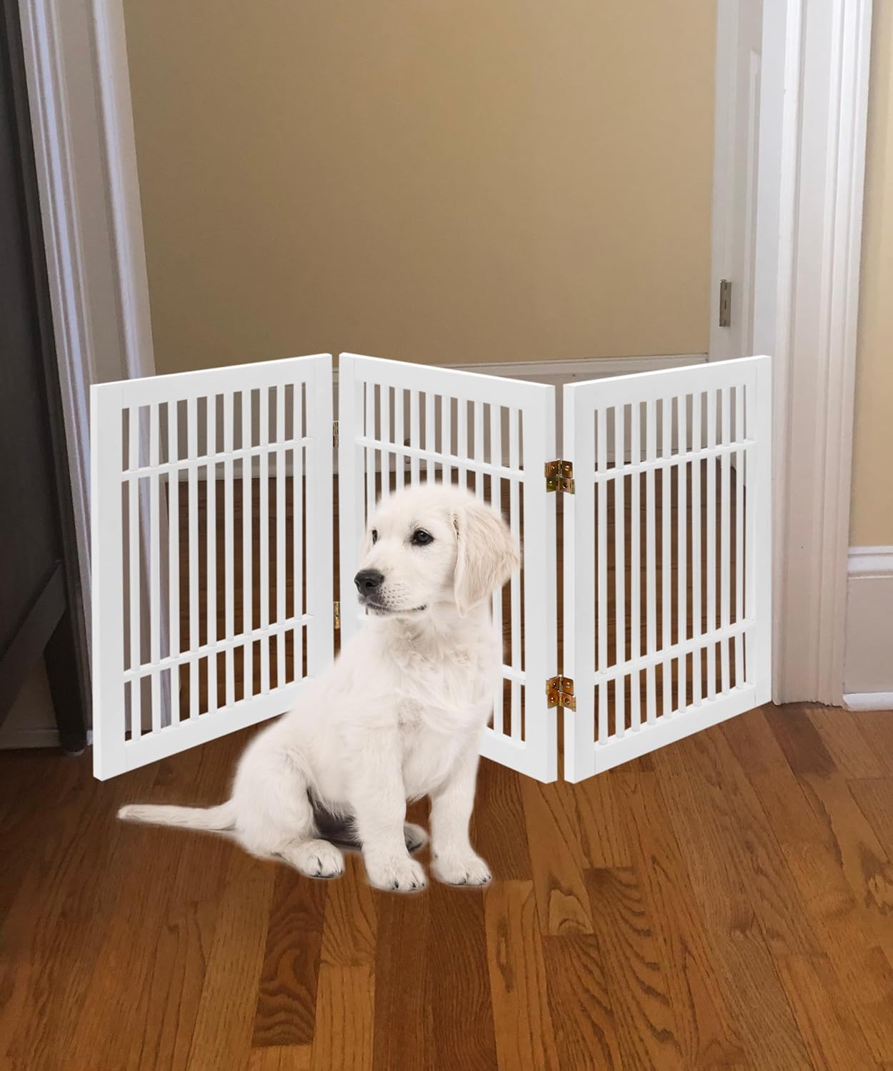 Pet Dog Gate Strong and Durable Freestanding Folding Acacia Hardwood Portable Wooden Fence Indoors or Outdoors by Urnporium (White Pet Gate, 3 Panel 24" Tall)-VerdiqueGarden