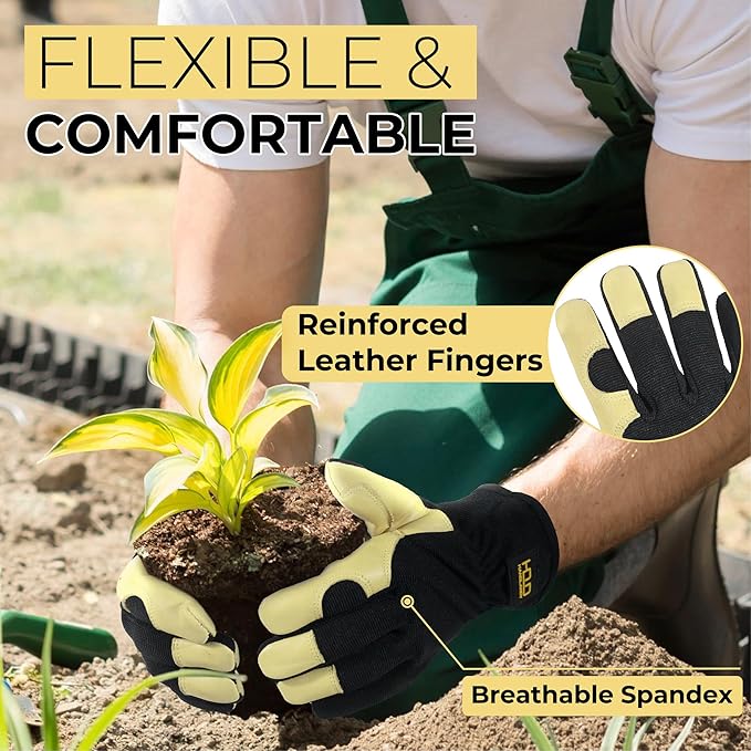HANDLANDY Leather Work Gloves for Men & Women, Reinforced Durable Garden Gloves, Cowhide Working Glove for Gardening-VerdiqueGarden