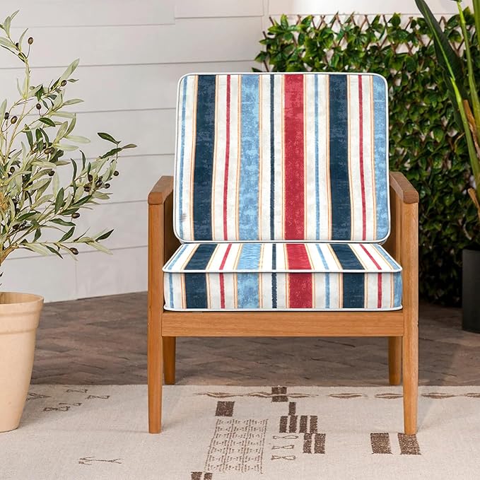 LVTXIII Patio Chair Cushions 22"x22"x3", Water-Repellent Outdoor Seat Cushions for Patio Furniture, Square Chair Pads with Ties for Home Garden Decoration, Set of 2, Stripe Red Blue-VerdiqueGarden