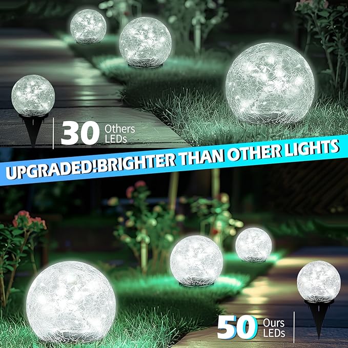 Garden Solar Ball Lights Outdoor Waterproof, 50 LED Cracked Glass Globe Solar Power Ground Lights for Path Yard Patio Lawn, Outdoor Decoration Landscape White (2 Pack 4.7'')-VerdiqueGarden