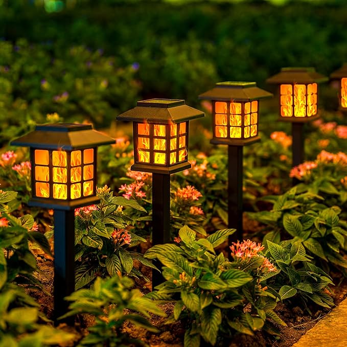 GIGALUMI Solar Lights for Outside,6 Pack Flickering Flame LED Solar Outdoor Lights, Waterproof Solar Garden Lights Maintain 10 Hours of Lighting for Christmas, Garden, Landscape, Path, Yard, Patio-VerdiqueGarden
