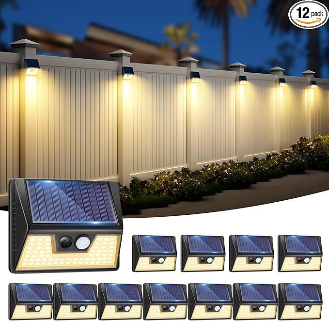 12 Pack Solar Fence Lights, Motion Sensor Deck & Wall Lights - Warm White LED, Wireless, Waterproof, Outdoor for Yard, Steps & Garden - Black-VerdiqueGarden