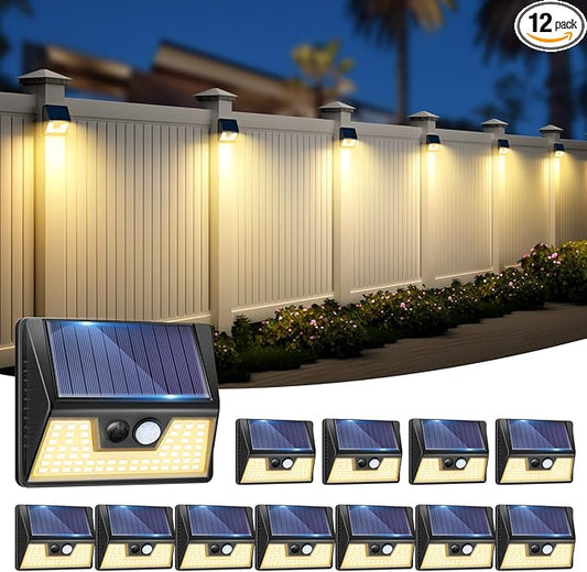 12 Pack Solar Fence Lights, Motion Sensor Deck & Wall Lights - Warm White LED, Wireless, Waterproof, Outdoor for Yard, Steps & Garden - Black-VerdiqueGarden