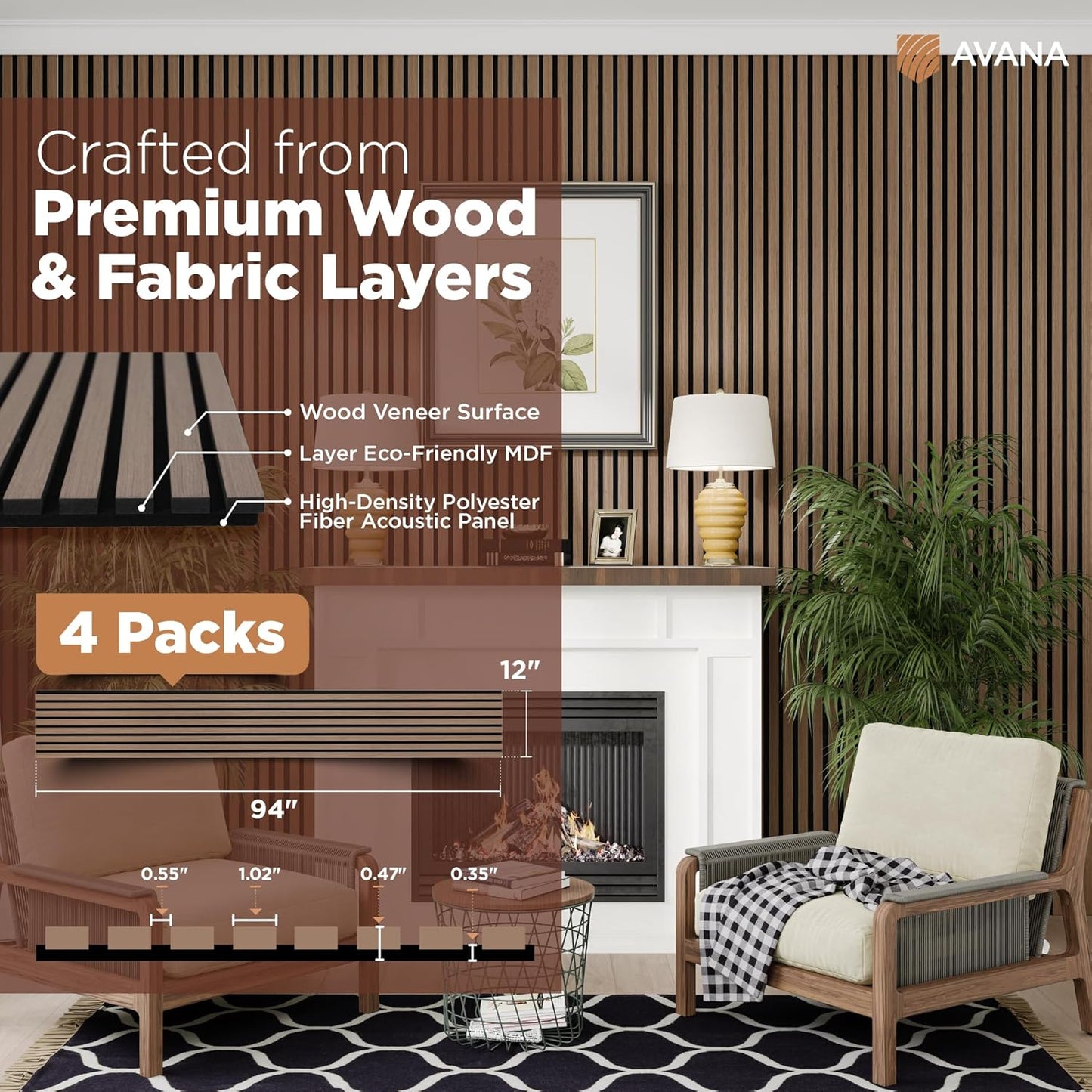 Avana Acoustic Wood Wall Panels – 94.4 x 12.6 Inch Smoke Walnut Acoustic Panels 4 PCs – Wall Panels For Interior Wall Decor For Homes, Offices, Studios – Pleasing Wood Panels For Wall-VerdiqueGarden