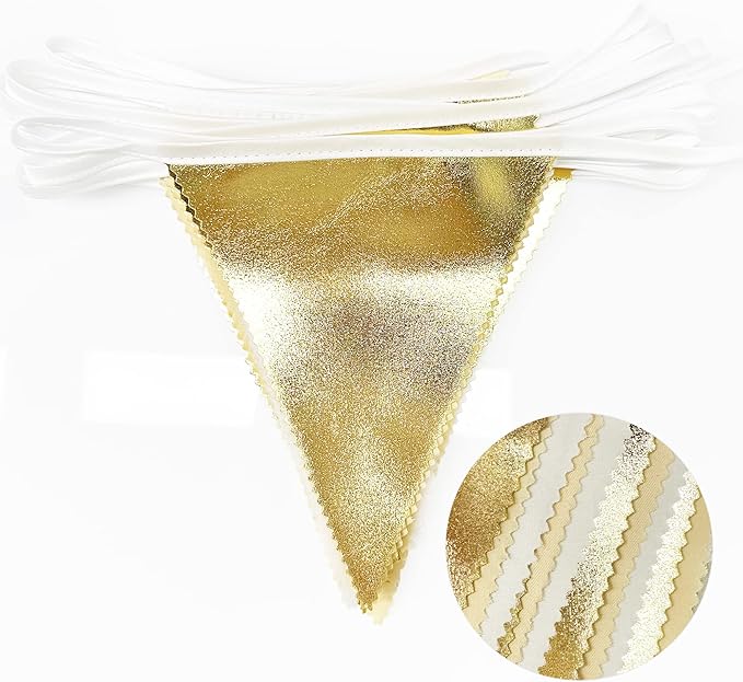 White and Gold Party Decorations Gold Beige White Fabric Triangle Pennant Banner Flag Bunting Garland for Graduation Wedding Birthday Bridal Shower Anniversary Engagement Baptism Party Supplies-VerdiqueGarden