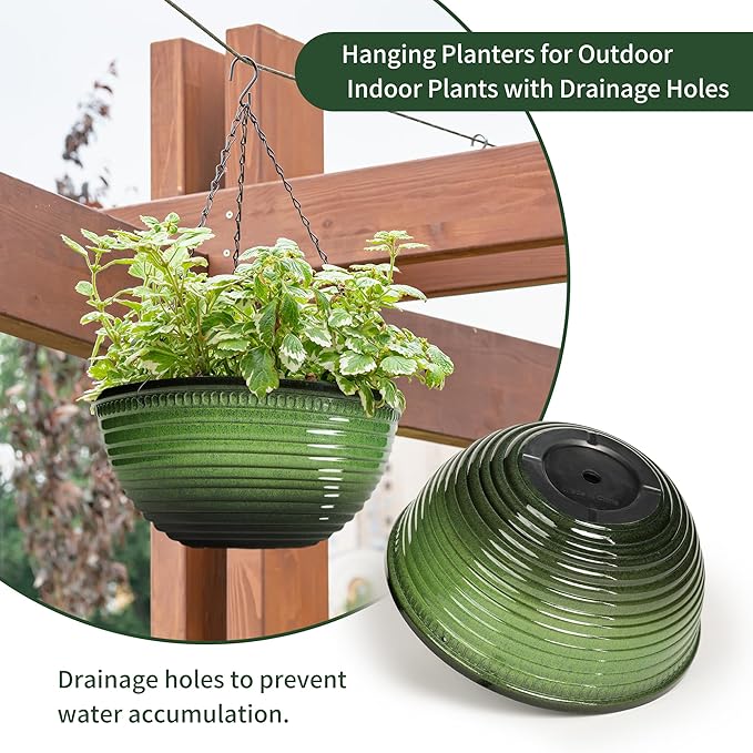 12 inch Hanging Planters for Indoor Outdoor Plants, 2 Pack Large Hanging Flower Pots with Drainage Holes and Chain, Glazed Hanging Baskets for Home Garden Decoration, Green-VerdiqueGarden
