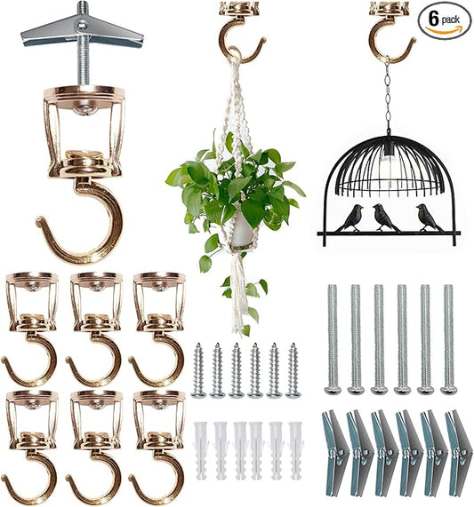 Ceiling Hooks for Hanging Plants (6 PCS Gold),Heavy Duty Metal Plant Hooks, Screw in Hooks for Hanging Birdfeeders, Lamps, Planters, Outdoor Decorative Hooks up to 33 lbs-VerdiqueGarden