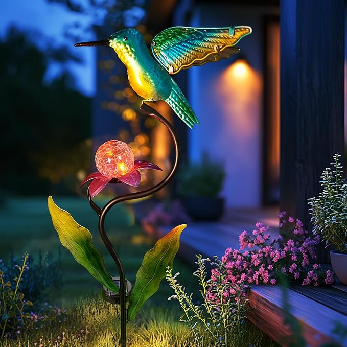 HONGLAND Outdoor Solar Lights for Garden Decor - 46 Inch Hummingbird Solar Lights for Outside, Solar Hummingbird Decorative Garden Stakes for Lawn Patio Yard-VerdiqueGarden